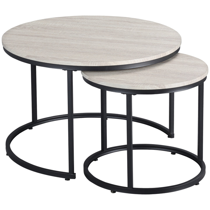 HOMCOM Nesting Coffee Tables Set of 2, Round Coffee Table with Metal Frame, Living Room Tables, Grey Wood Grain