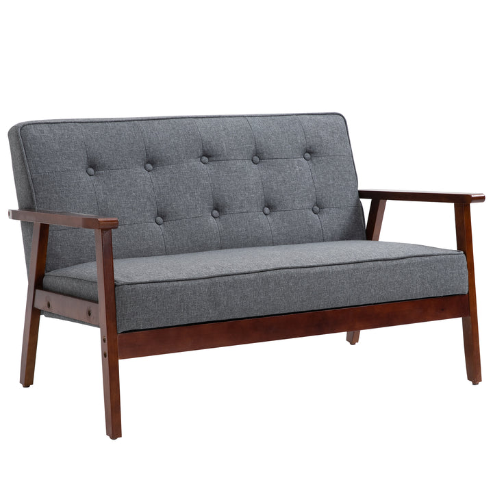 HOMCOM 44.5" 2 Seat Sofa for Bedroom, Modern Upholstered Loveseat with Button Tufted Back and Wood Legs, Grey