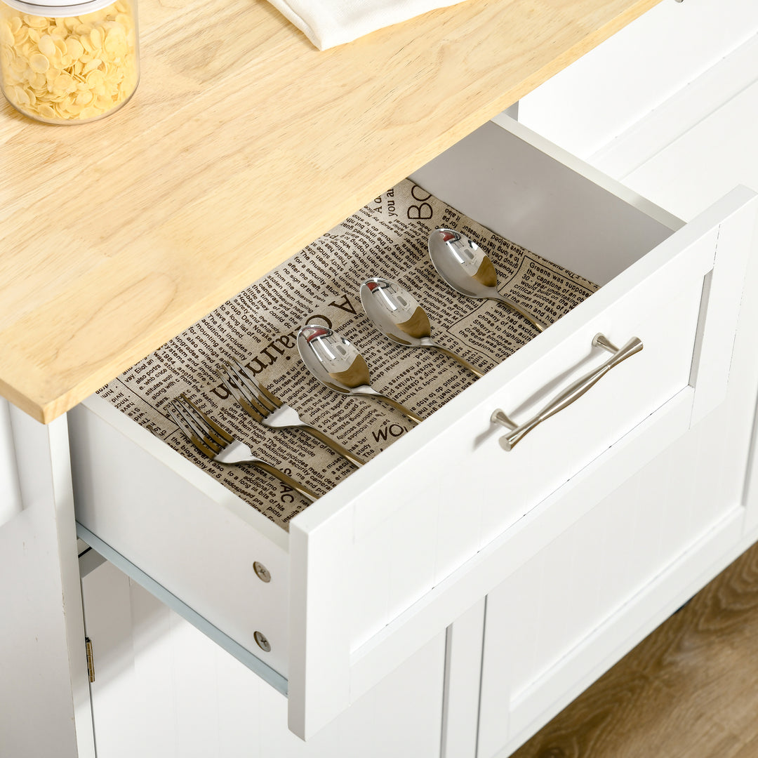 HOMCOM Rolling Kitchen Island with Storage Drawers, Kitchen Cart with Rubber Wood Top, Cabinet & Towel Rack, White