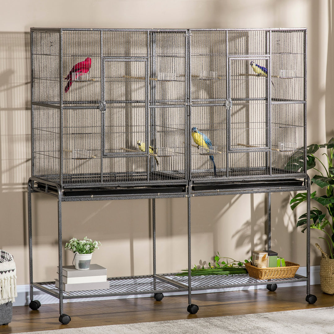 PawHut 64" Extra Large Bird Cage, Rolling Metal Parrot Cage, Bird House with Detachable Rolling Stand, Storage Shelf, Wood Perch, Food Container, 62.8" x 18.9" x 64.2"