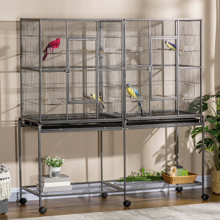 PawHut 64" Extra Large Bird Cage, Rolling Metal Parrot Cage, Bird House with Detachable Rolling Stand, Storage Shelf, Wood Perch, Food Container, 62.8" x 18.9" x 64.2"