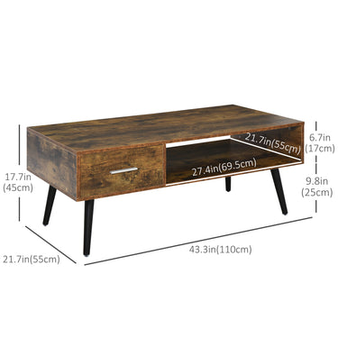 HOMCOM Retro Coffee Table with Storage Shelf and Drawer for Living Room, Vintage Wooden Sofa Side Table, Rustic Brown