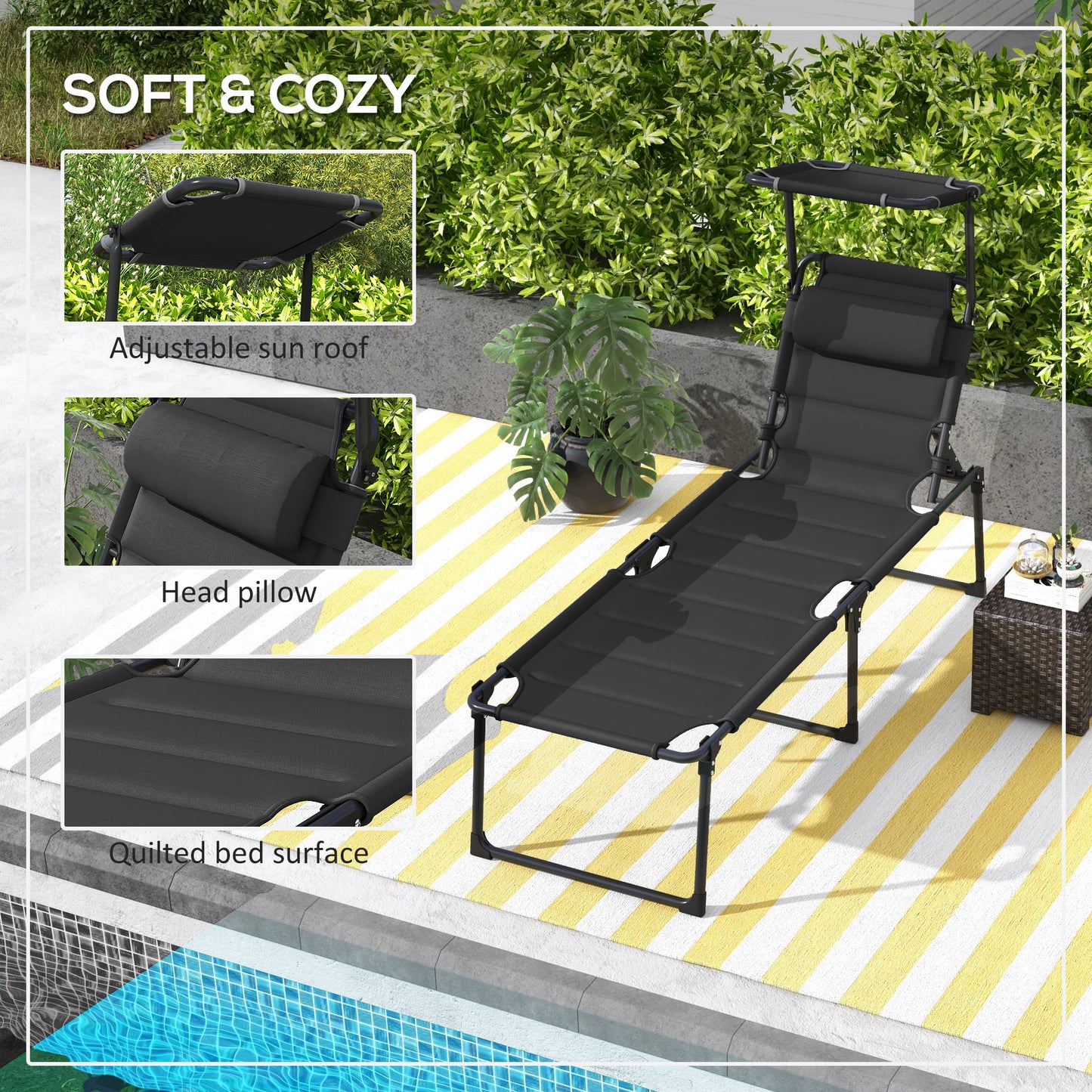 Outsunny Folding Chaise Lounge with Adjustable Sunroof, Outdoor Quick Dry Padded Tanning Chairs with Headrest, Reclining Back Outdoor Lounge Chair, for Beach, Yard, Patio, Blue