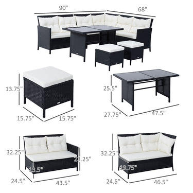 Outsunny 6pcs Outdoor Rattan Sofa Set Garden Wicker Sectional Couch Furniture Set with Dining Table and Chair White