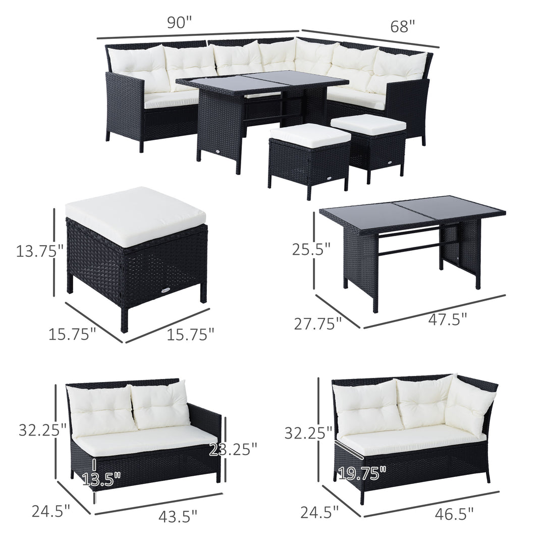 Outsunny 6pcs Outdoor Rattan Sofa Set Garden Wicker Sectional Couch Furniture Set with Dining Table and Chair White