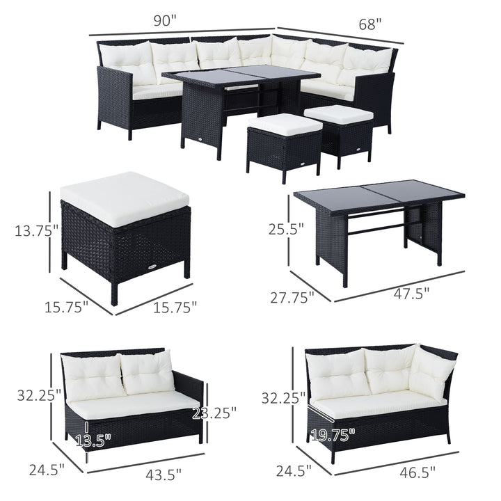 Outsunny 6pcs Outdoor Rattan Sofa Set Garden Wicker Sectional Couch Furniture Set with Dining Table and Chair White