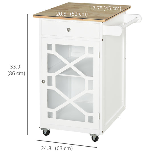 HOMCOM Kitchen Cart on Wheels, Rolling Kitchen Island with Drawer, Glass Door, Towel Rack and Adjustable Shelf, White