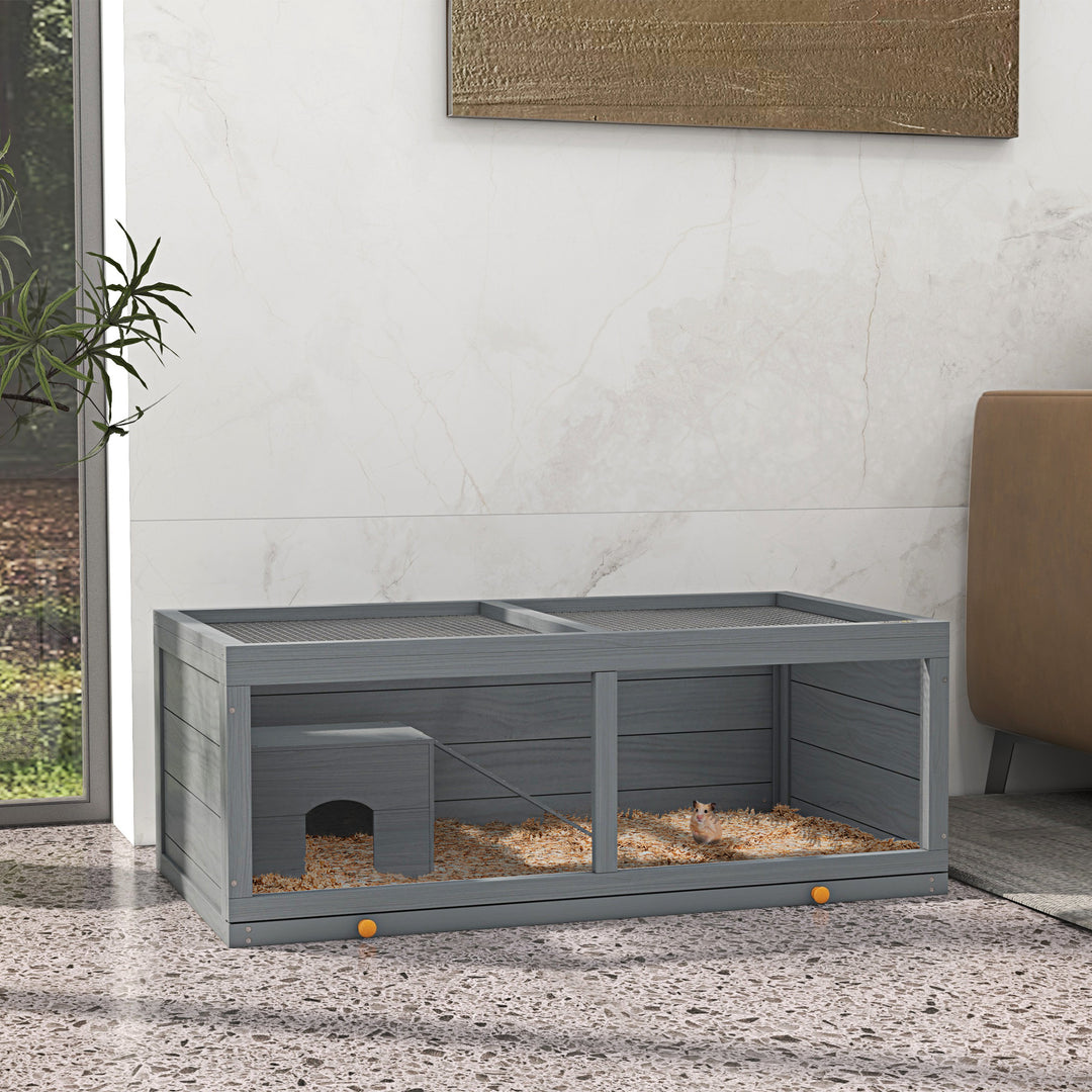 PawHut Small Animals Kit Hutch w/ Sliding Tray, Exercise Play House for Dwarf Hamsters, Gerbils, Chinchillas, Natural Wood