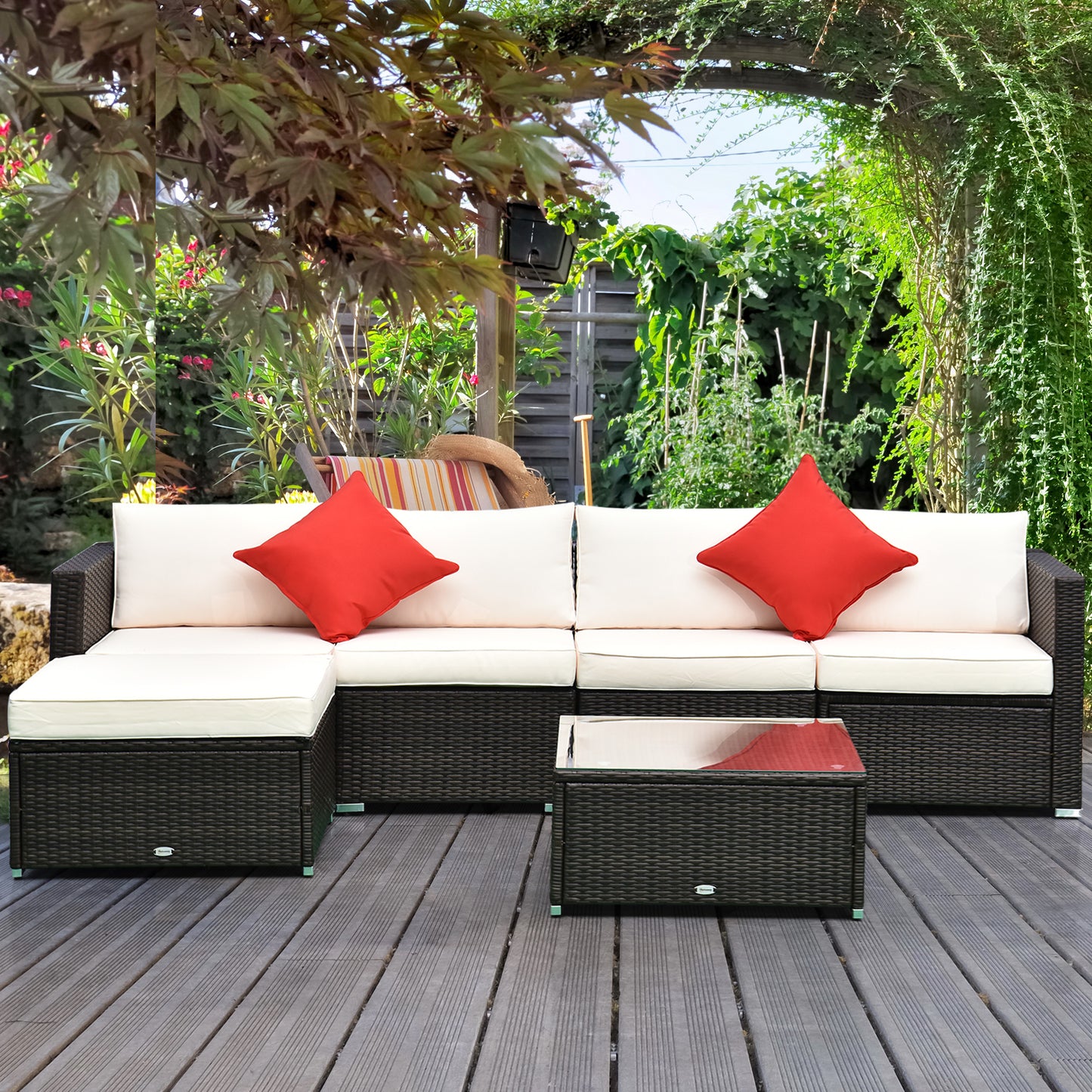 Outsunny 6 Pieces Outdoor PE Rattan Wicker Patio Furniture Sofa Set with Thick Cushions, Deluxe Garden Sectional Couch with Glass Top Table, Dark Coffee and Cream White