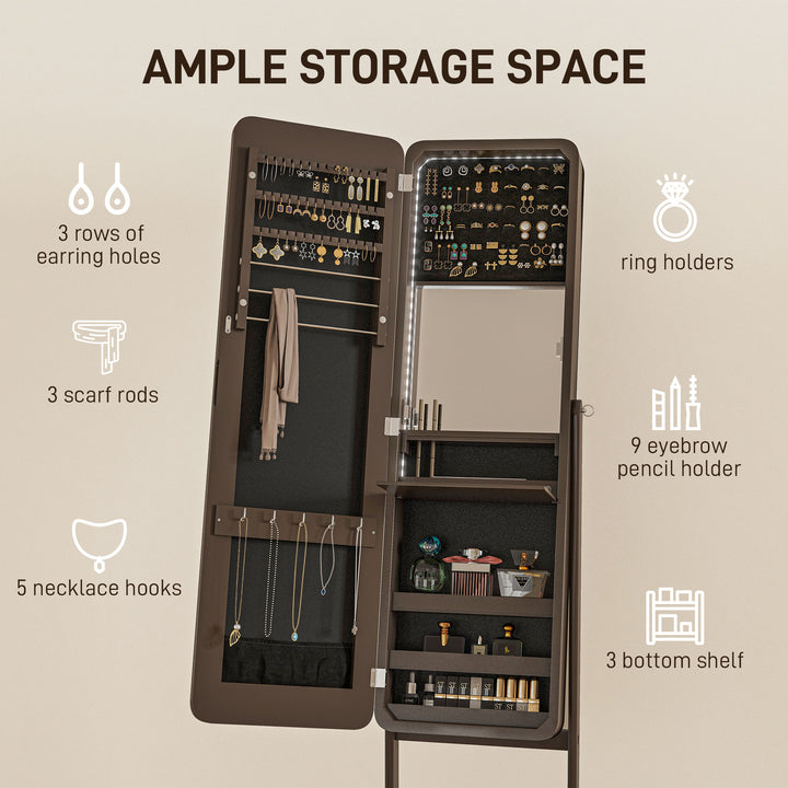 HOMCOM Freestanding Mirror Jewelry Cabinet Armoire, LED Lighted Jewelry Organizer with Stand, Angle Adjustable, White