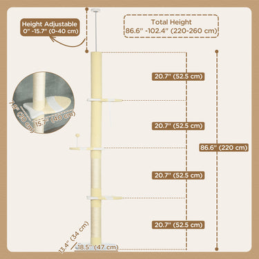 PawHut 87"-102" Floor to Ceiling Cat Tree w/ Sisal Scratching Posts, Anti-tip Kit, Perches, Toy Ball, Yellow