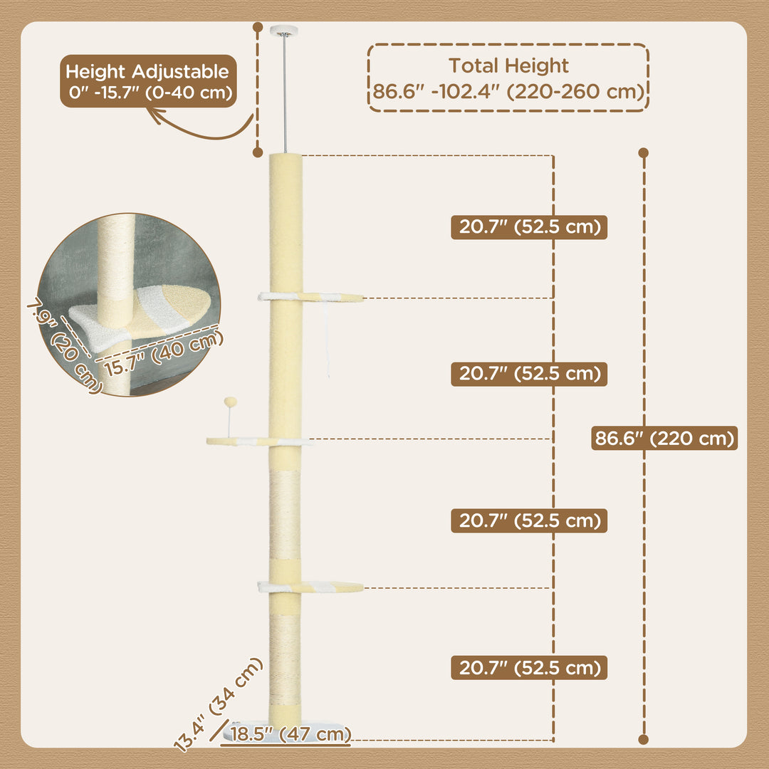 PawHut 87"-102" Floor to Ceiling Cat Tree w/ Sisal Scratching Posts, Anti-tip Kit, Perches, Toy Ball, Yellow