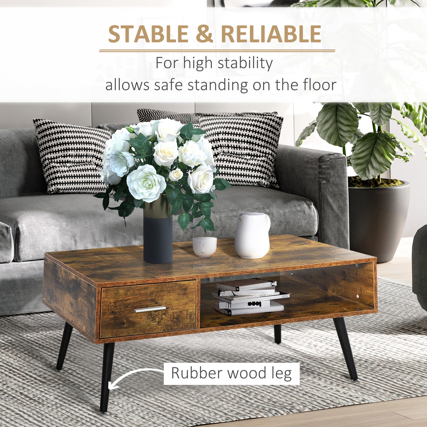 HOMCOM Retro Coffee Table with Storage Shelf and Drawer for Living Room, Vintage Wooden Sofa Side Table, Rustic Brown