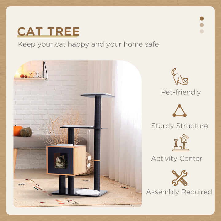 PawHut 47" Wood Cat Tree, Kitty Scratching Post, Kitten House, Condo Activity Center w/ Cushions, Pet Furniture