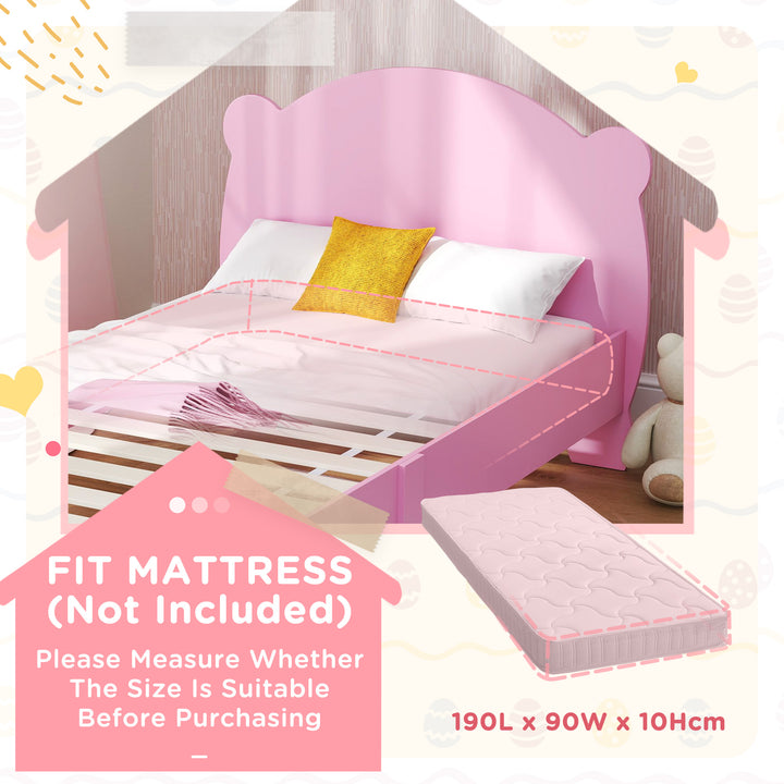 Qaba Twin Bed Frame for Kids with Bear Shaped Headboard & Footboard, Slats Support, No Box Spring Needed, for Ages 3-12, Pink