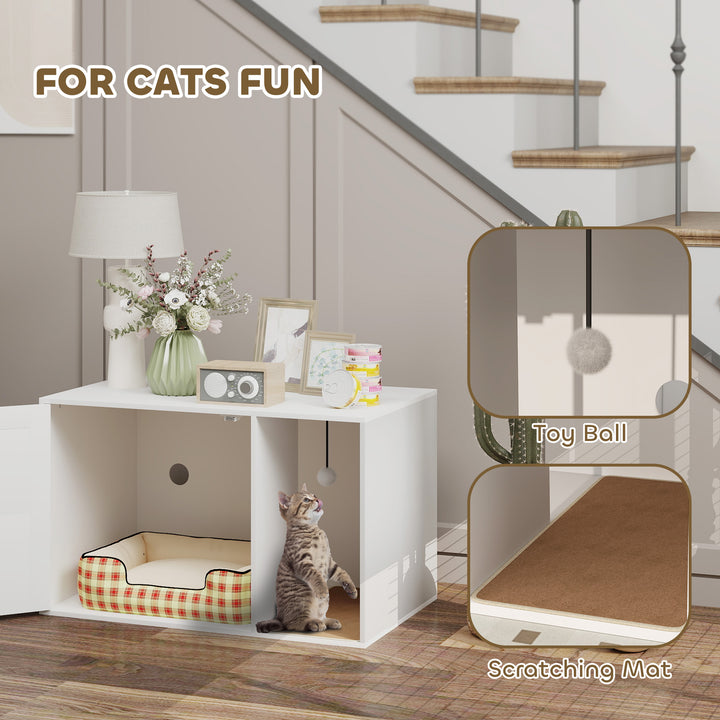 PawHut Cat Litter Box Enclosure, Cat Washroom End Side Table with Rattan Door, Scratching Pad, Non-slip Foot Pads, White
