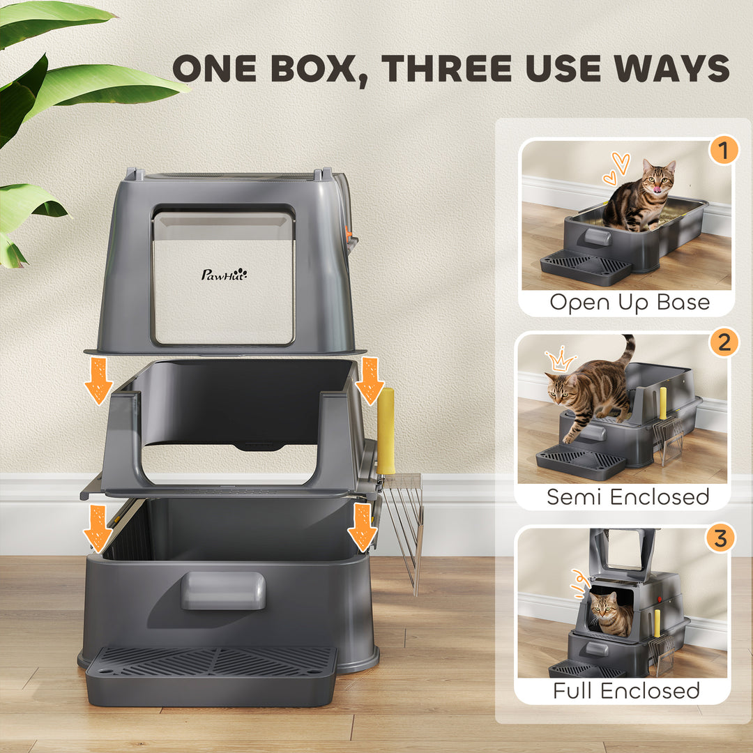 PawHut 80L XL Stainless Steel Cat Litter Box for Big Cats with Flip Cover, Pull-Out Drawer Tray, High Sided, Pedal, Light Grey