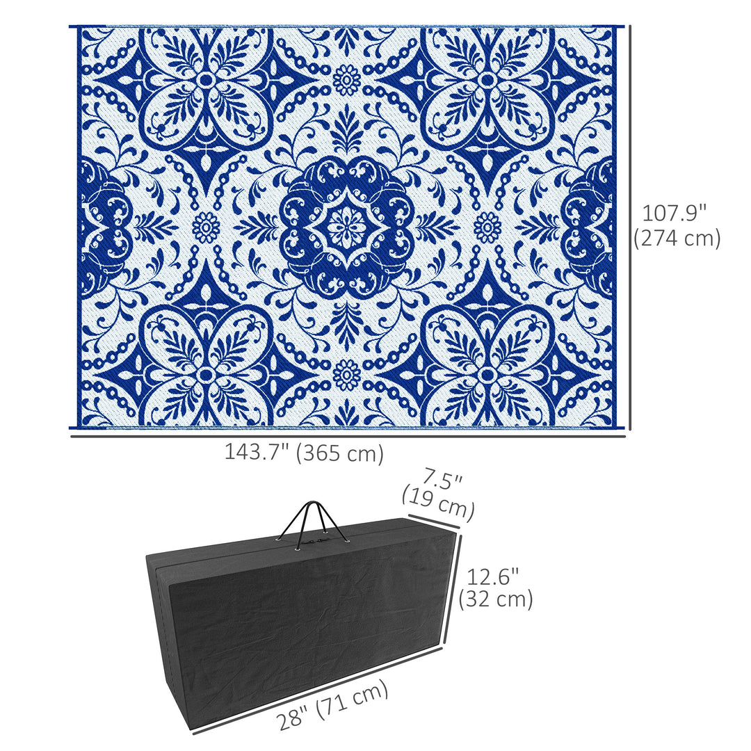 Outsunny Portable Outdoor Rug with Carry Bag, 9' x 12' Reversible Mat, Waterproof Plastic Straw RV Rug for Backyard, Deck, Picnic, Beach, Camping, Blue & White Flower