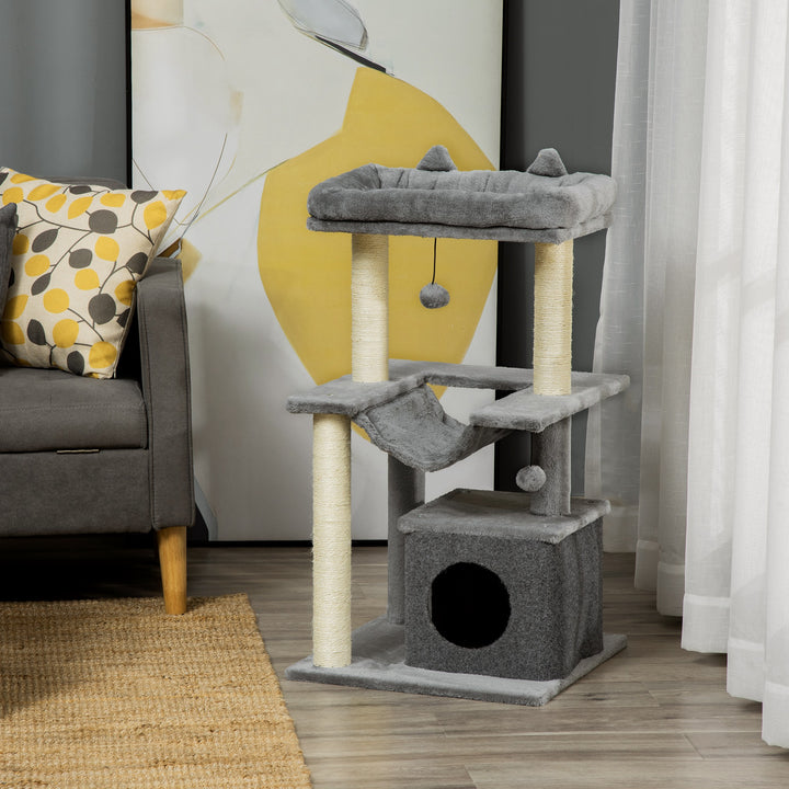 PawHut 39.25'' Cat Tree Tower Multi-Level Kitten House with Scratching Post Condo Hammock Bed Ball Toy - Grey