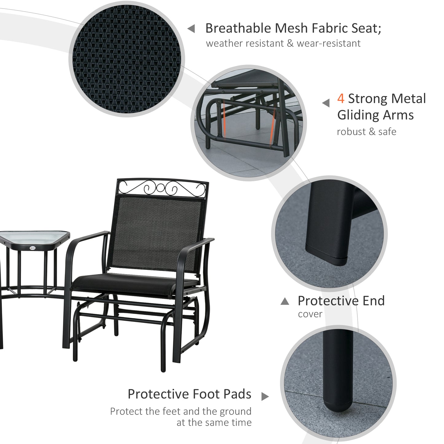 Outsunny Outdoor Glider Bench with Coffee Table, Patio 2-Seat Rocking Chair Swing Loveseat with Breathable Sling for Backyard Garden Porch, Black
