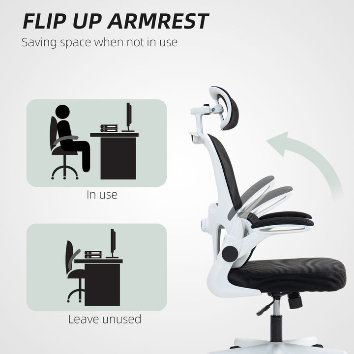 HOMCOM Mesh Office Chair, Ergonomic Desk Chair with Flip-up Armrest, Rotatable Headrest, Adjustable Lumbar Support, Black