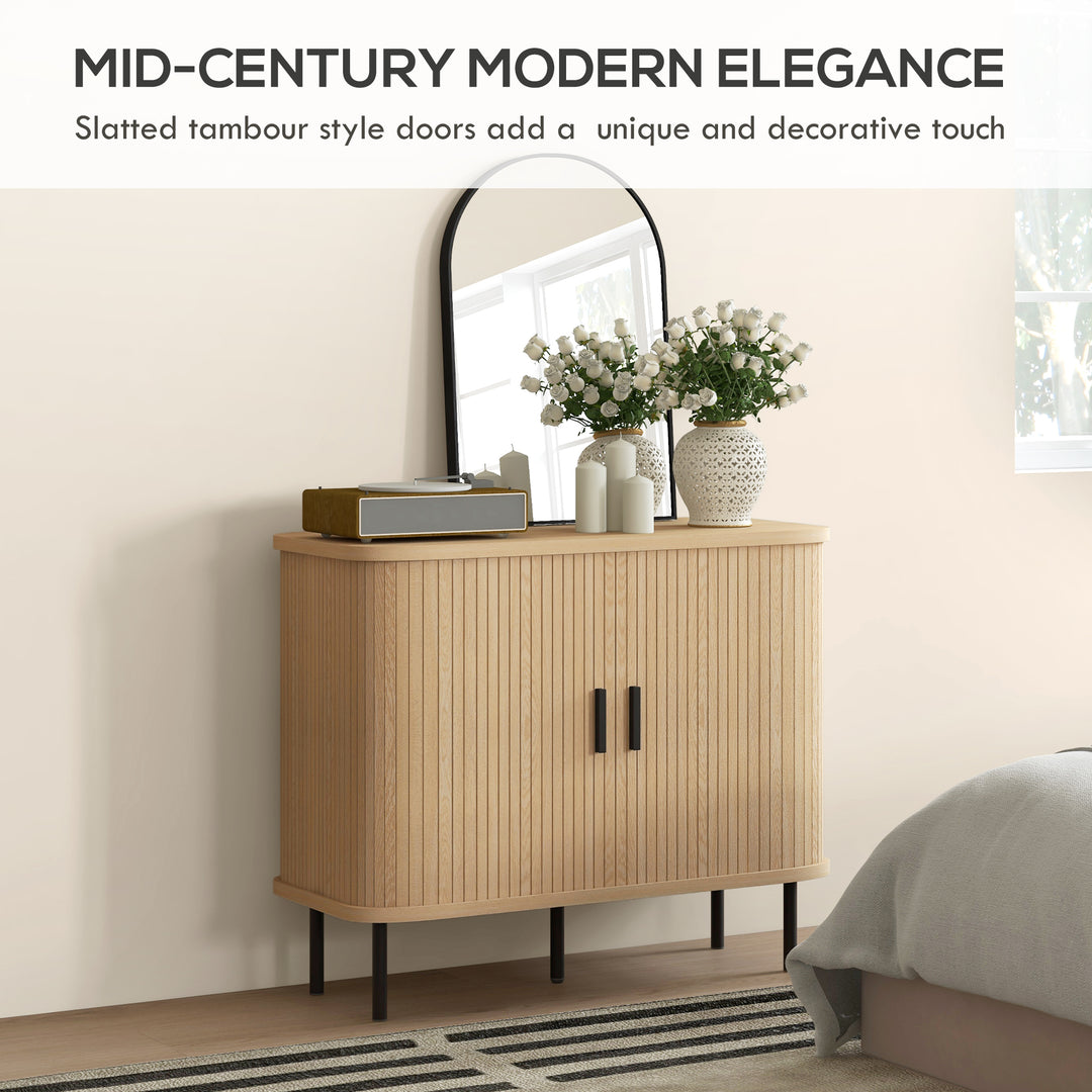 HOMCOM 35.4" Sideboard Buffet Cabinet with Storage, Nordic Coffee Bar Cabinet with Slatted Tambour Doors and Metal Legs, Oak