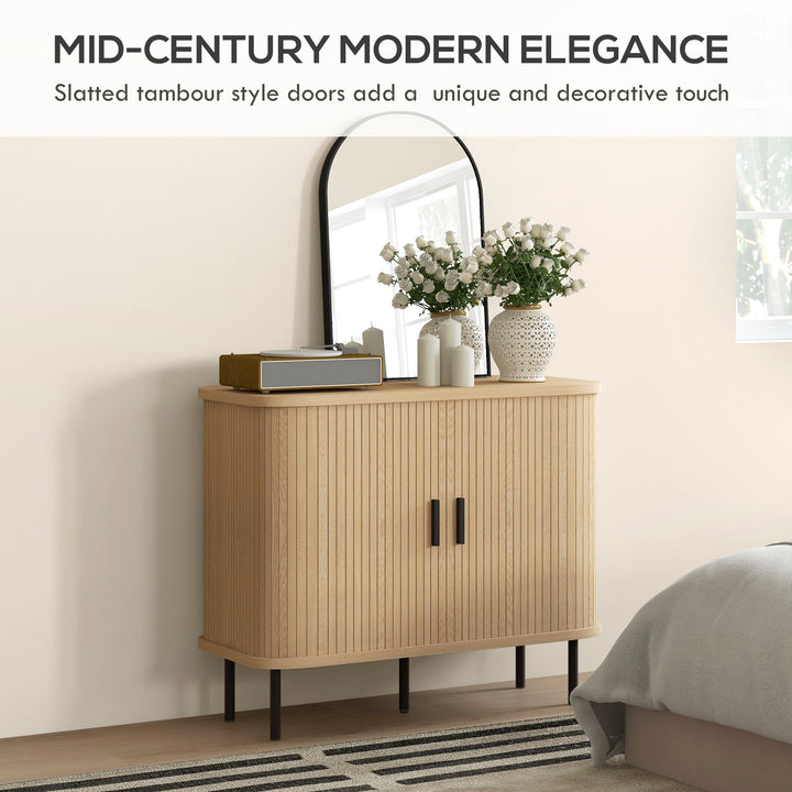 HOMCOM 35.4" Sideboard Buffet Cabinet with Storage, Nordic Coffee Bar Cabinet with Slatted Tambour Doors and Metal Legs, Oak