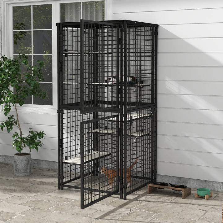 PawHut Cat Cage Multi-Level Catio Steel Outdoor Cat Enclosure w/ UV-and Water Resistant Cover, 5 Platforms, Soft Pads, Black