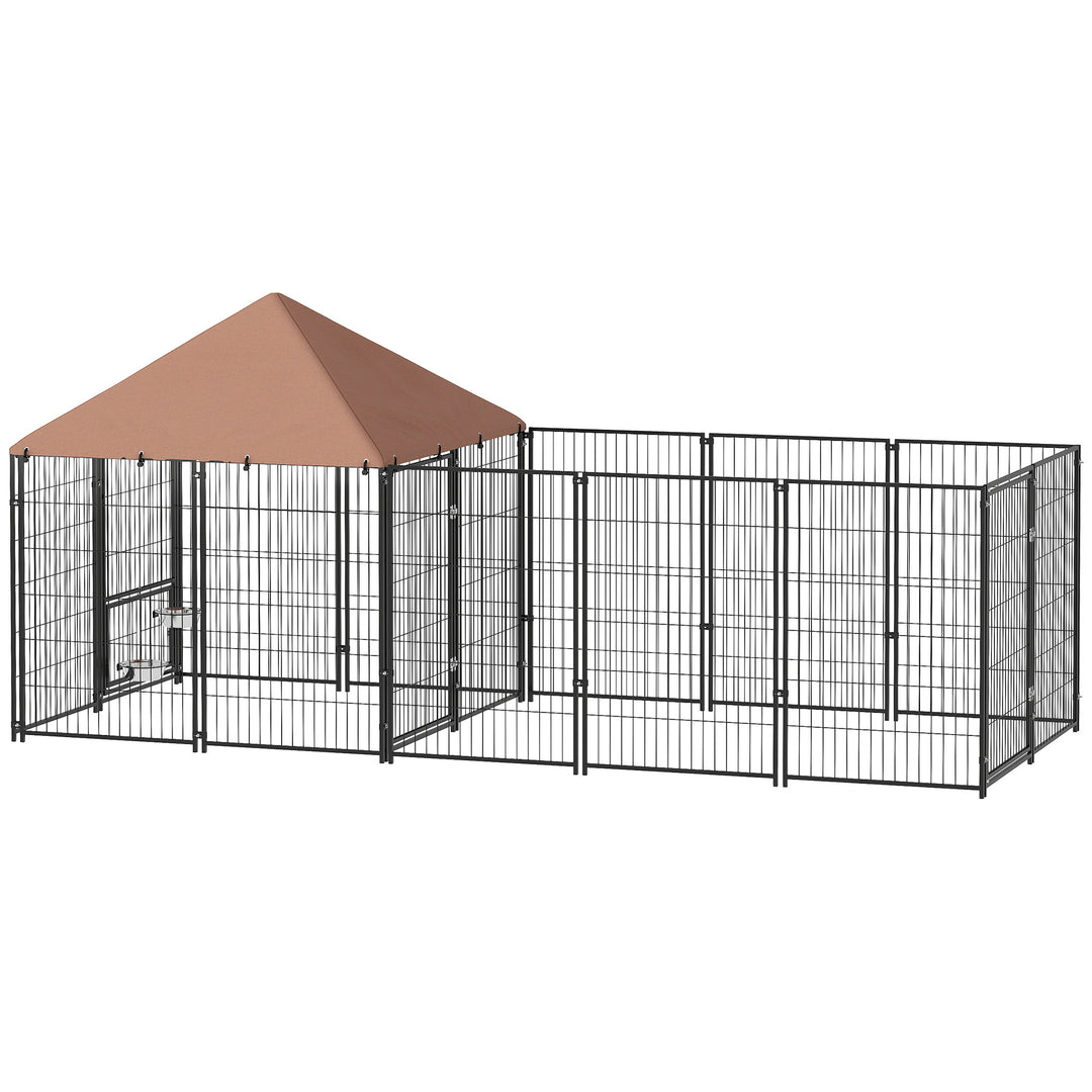 PawHut Outdoor Dog Kennel with Rotating and Adjustable Height Bowls, Waterproof UV-Resistant Cover, 11.3' x 4.7' x 5.1'