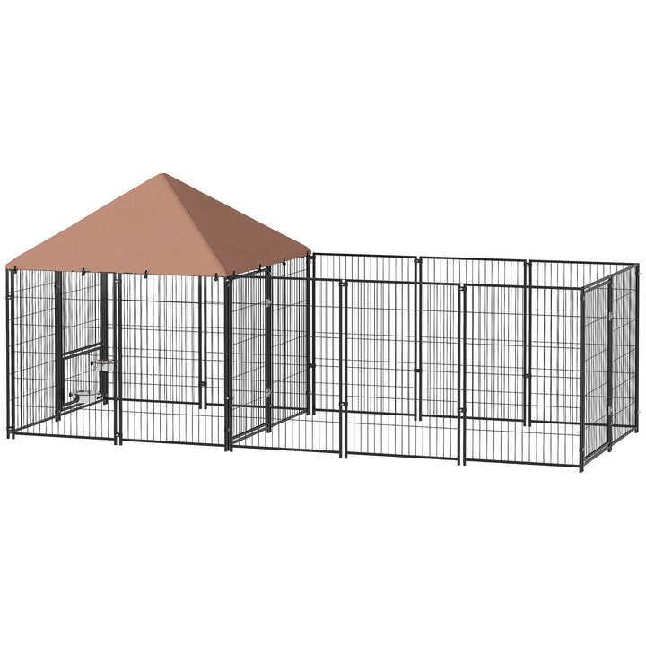 PawHut Outdoor Dog Kennel with Rotating and Adjustable Height Bowls, Waterproof UV-Resistant Cover, 11.3' x 4.7' x 5.1'