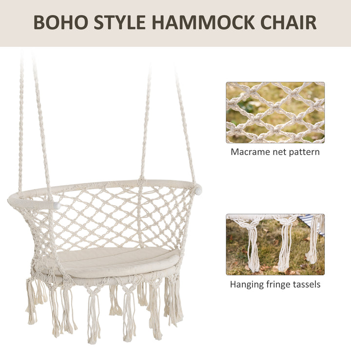 Outsunny Hanging Hammock Chair, Cotton Rope Porch Hammock Swing with Metal Frame and Cushion, Large Macrame Seat for Patio, Garden, Bedroom, Living Room,  Cream White