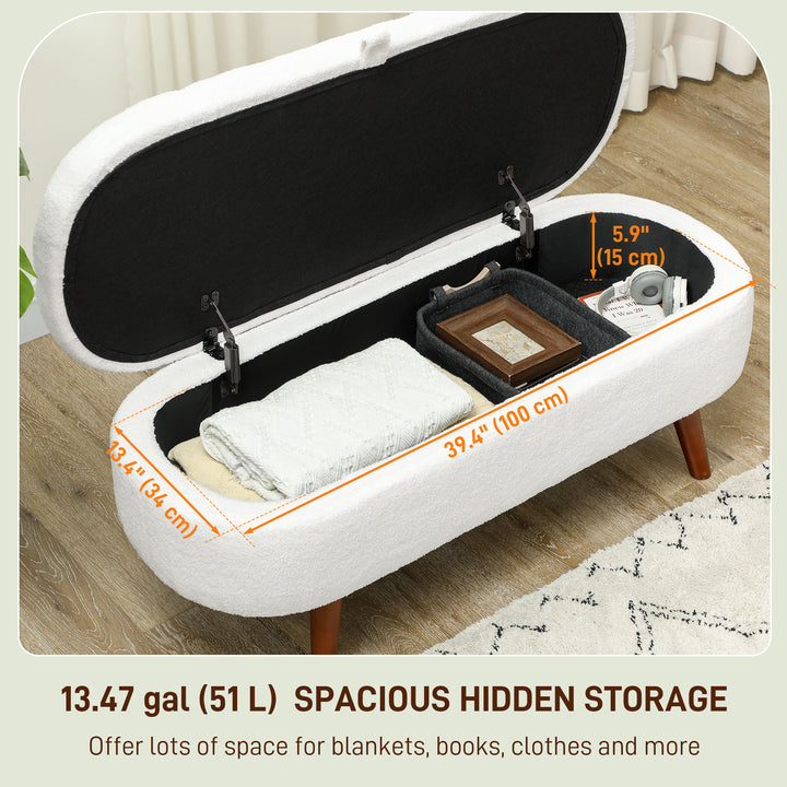 HOMCOM Boucle Bedroom Bench with Storage, Tufted Teddy Fleece Storage Ottoman Bench with Wood Legs for Living Room, White