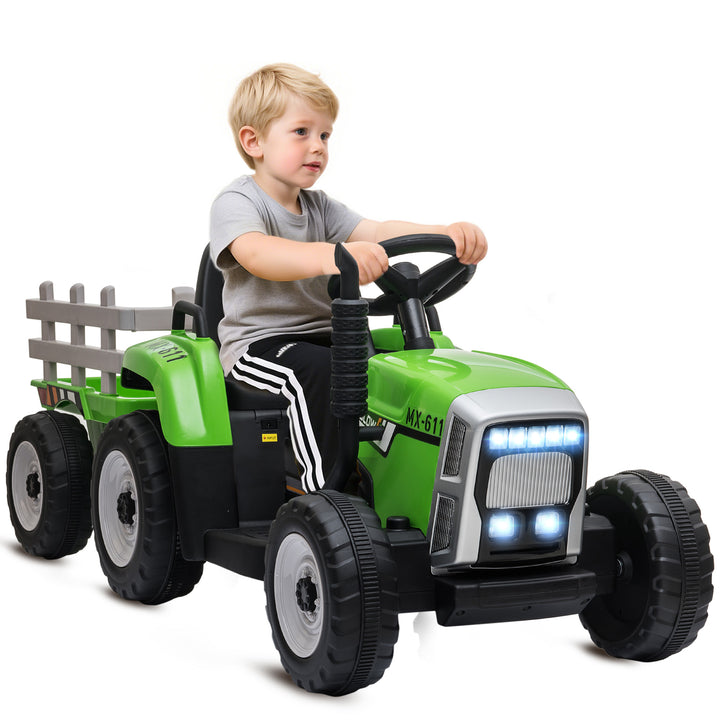 Aosom 12V Kids Ride on Tractor with Trailer, Remote Control, Music Start up Sound and Horn, USB, LED Lights, Red