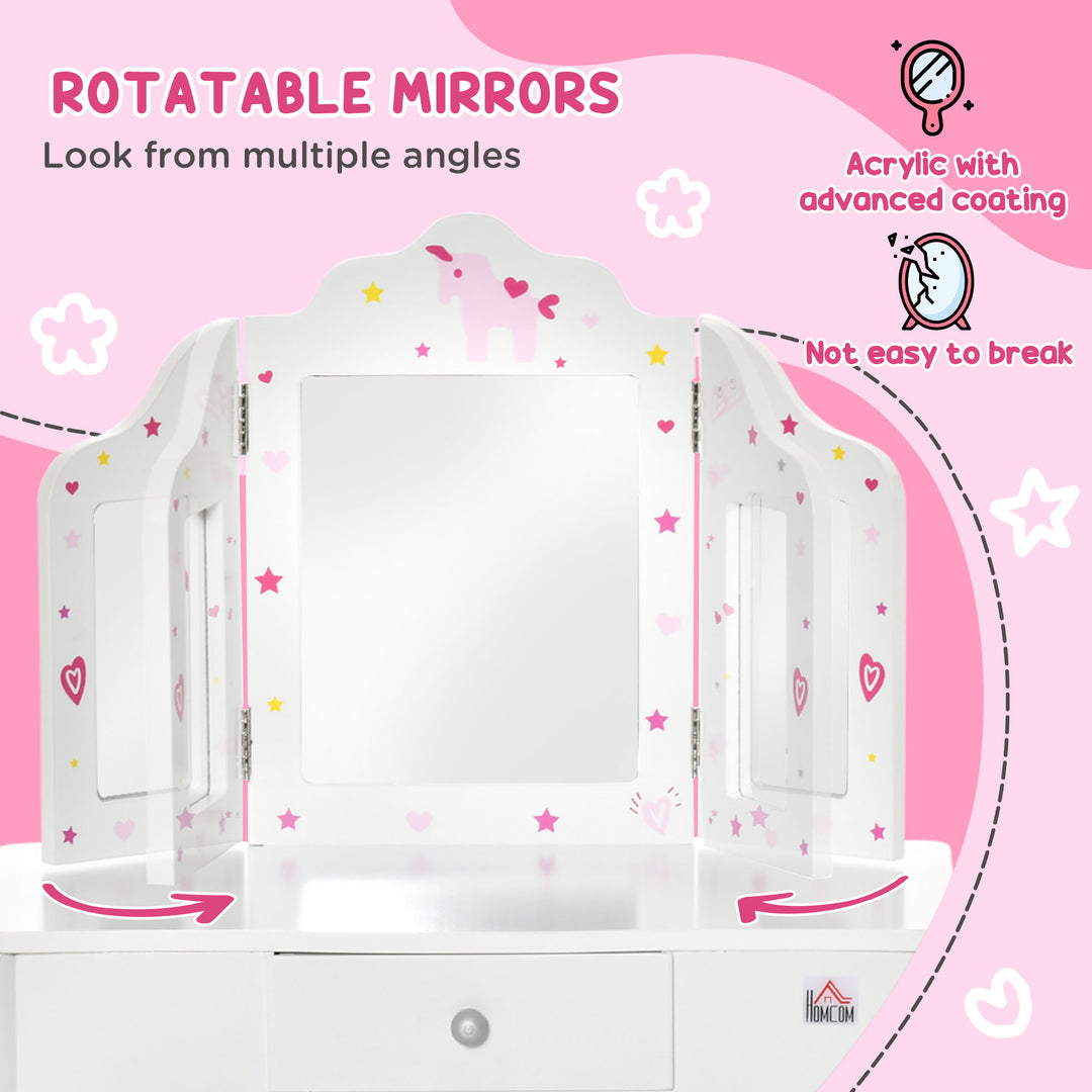 Qaba Kids Vanity Table and Stool, Makeup Vanity Girls Dressing Table Set with Tri-folding Mirrors Drawer Star and Heart Pattern, White