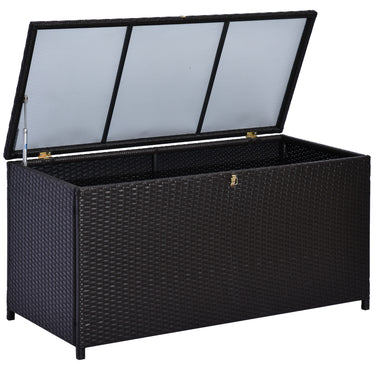 Outsunny Wicker Outdoor Storage Box, 75 Gallon Deck Box with Gas Strut and Clamp Lid, Rattan Patio Storage Container for Gardening Tools, Pool Supplies, Dark Brown