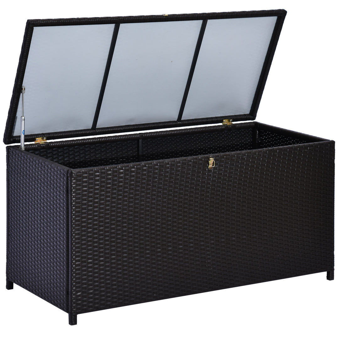 Outsunny Wicker Outdoor Storage Box, 75 Gallon Deck Box with Gas Strut and Clamp Lid, Rattan Patio Storage Container for Gardening Tools, Pool Supplies, Dark Brown