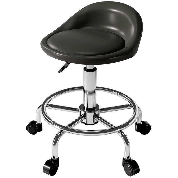 HOMCOM PU Leather Rolling Stool, Height Adjustable Swivel Salon Chair with Backrest and Foot Rest for Spa, Tattoo, Black
