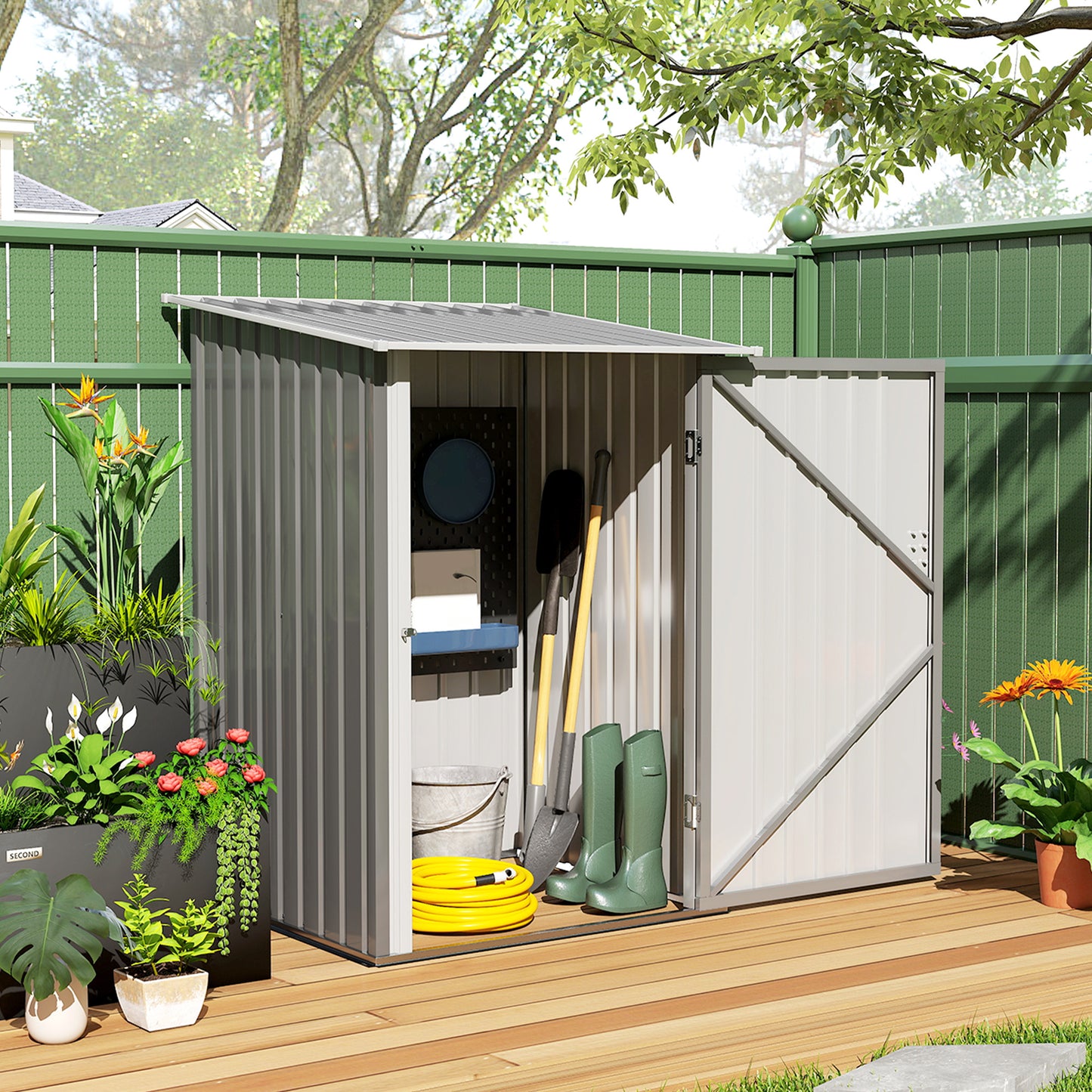 Outsunny 3.3' x 3.4' Lean-to Garden Storage Shed, Outdoor Galvanized Steel Tool House with Lockable Door for Patio Dark Gray