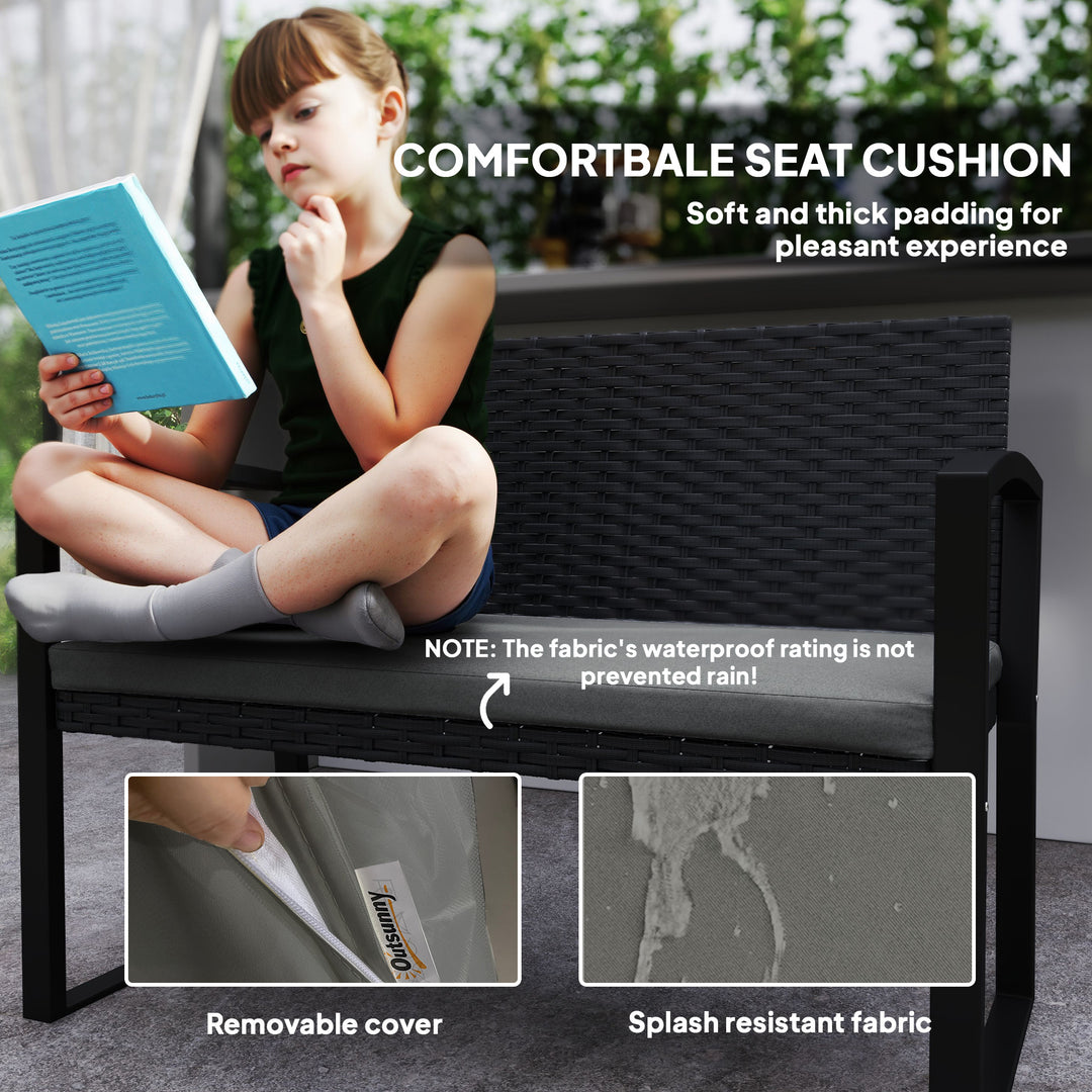 Outsunny 2 Seater Outdoor Bench, Rattan Garden Bench Loveseat with Cushion, Armrests, Steel Frame for Patio, Porch, Light Grey