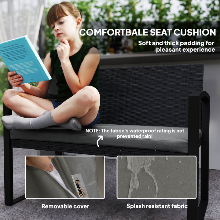 Outsunny 2 Seater Outdoor Bench, Rattan Garden Bench Loveseat with Cushion, Armrests, Steel Frame for Patio, Porch, Light Grey