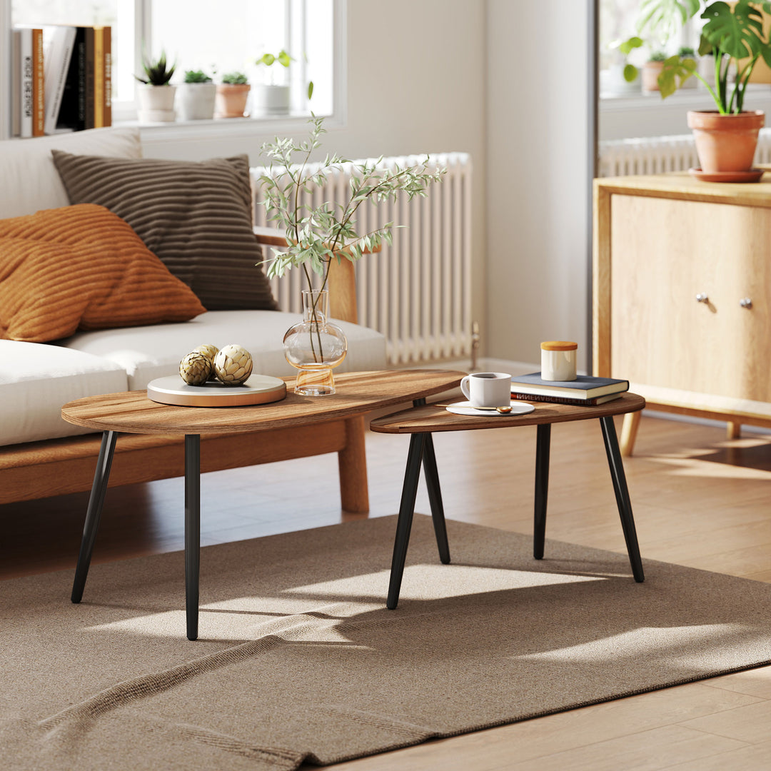 HOMCOM 2 Pieces Coffee Table Set for Living Room, Industrial Nest of Tables with Steel Legs, Brown