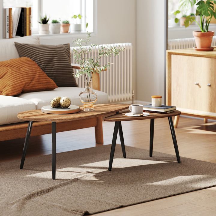 HOMCOM 2 Pieces Coffee Table Set for Living Room, Industrial Nest of Tables with Steel Legs, Brown