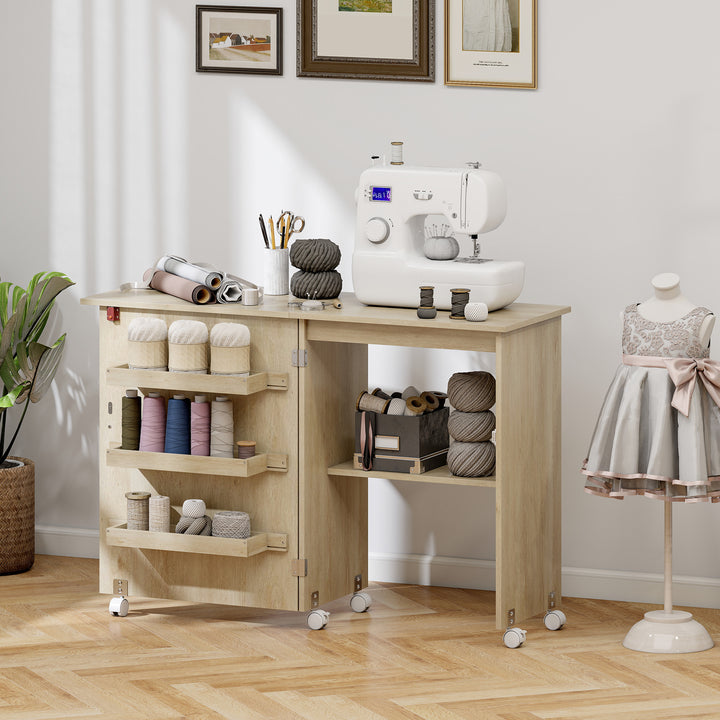 HOMCOM Sewing Machine Cabinet, Folding Sewing Table with Storage Shelf, Bins and Lockable Wheels for Small Space, White