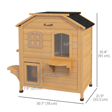 PawHut 2-Storey Outdoor Cat House, Wooden Catio with Openable Roof, Lounge Space, Fun Entrances, for Feral Cats, Yellow