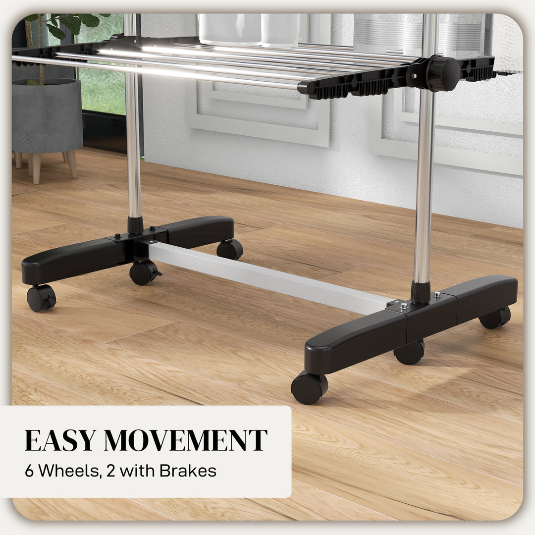 HOMCOM Garment Drying Rack Stainless Steel Folding Clothes Hanging Rack with Side Wings Castors for Indoor Outdoor Grey