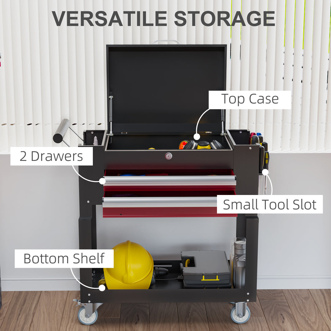 HOMCOM Tool Cart on Wheels, Utility Cart with Wheels, Ball Bearing Drawer, Storage Trays for Garage, Warehouse, Workshop, Red
