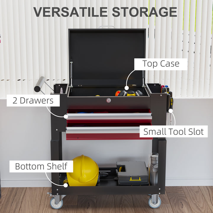 HOMCOM Tool Cart on Wheels, Utility Cart with Wheels, Ball Bearing Drawer, Storage Trays for Garage, Warehouse, Workshop, Red