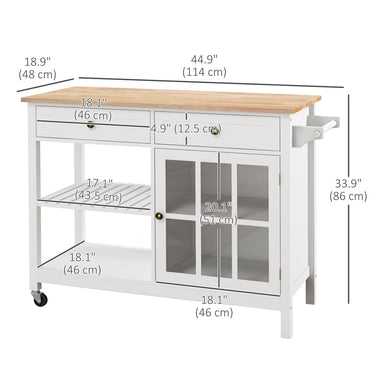 HOMCOM Kitchen Cart on Wheels, Utility Storage Island with Rubber Wood Top, Towel Rack, Cabinets, Drawers, White