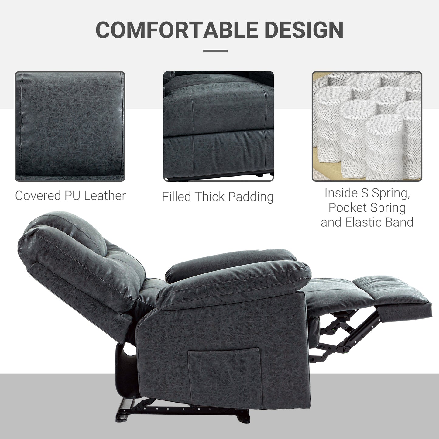 HOMCOM PU Leather Reclining Chair, Manual Recliner Chair for Living Room with Footrest, 2 Side Pockets, Steel Frame, Black