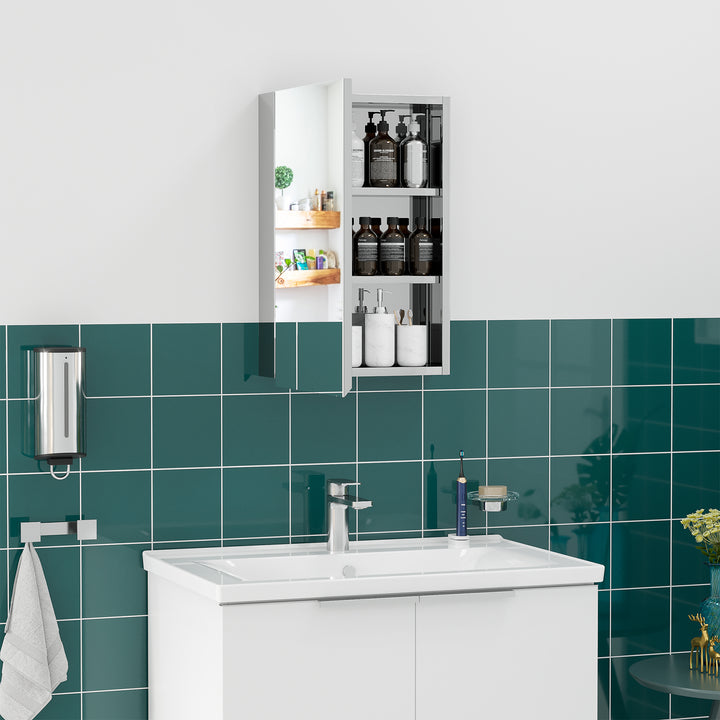 kleankin Wall Mounted Bathroom Medicine Cabinet Mirrored Cabinet with Hinged Door 3-Tier Storage Shelves Silver